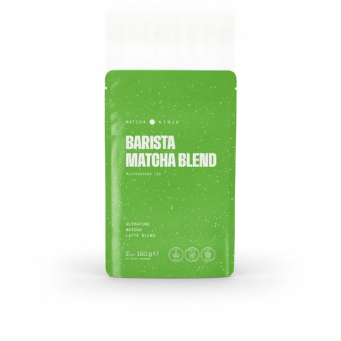 Matcha Ninja Barista Matcha Blend in a pouch, showing a creamy matcha latte.
