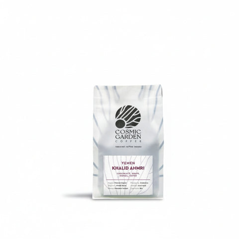 Cosmic Garden Coffee Yemen Khaled Ahmri single-origin Haimah coffee beans with dark chocolate and spiced notes, 250g bag