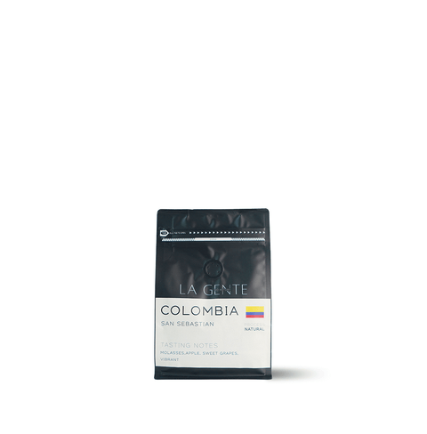 Colombia San Sebastian coffee bag featuring vibrant notes and tasting descriptions of red fruits and sweetness.