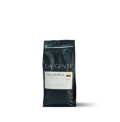 Colombia San Sebastian coffee bag showcasing natural tasting notes of red fruits and sweetness.