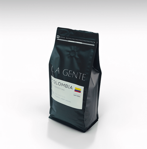 Colombia San Sebastian coffee bag showcasing vibrant notes of red fruits and sustainable farming.