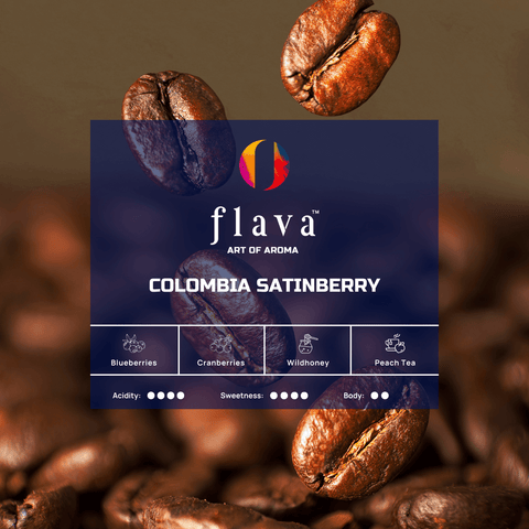 Colombia Satinberry Single Origin Coffee beans with notes of blueberries, cranberries, and peach tea, from Flava.