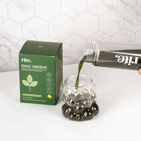 Power your day with RITE. Daily Greens – 30 servings packed with 26 vitamins, 12 superfoods, electrolytes, and pea protein to support energy, immunity, and overall wellness.