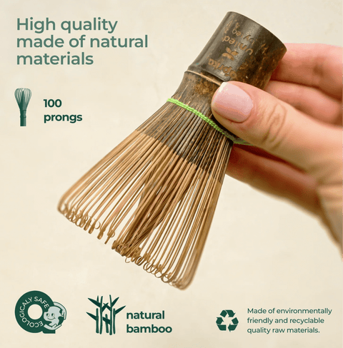 Dark Bamboo Matcha Whisk 100 Prongs made from natural bamboo, showcasing 100 prongs perfect for authentic Japanese tea preparation.
