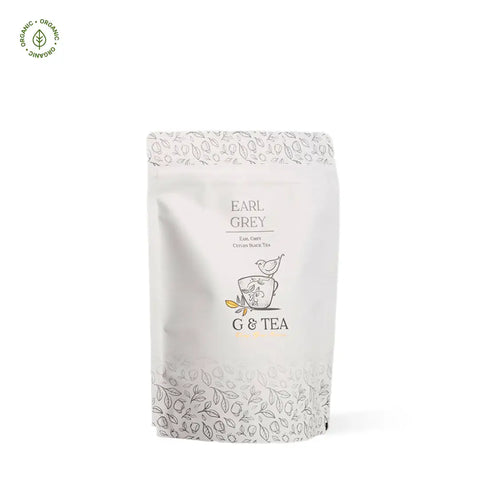 Earl Grey tea bag featuring organic Ceylon black tea with bergamot, perfect for elegance and relaxation.