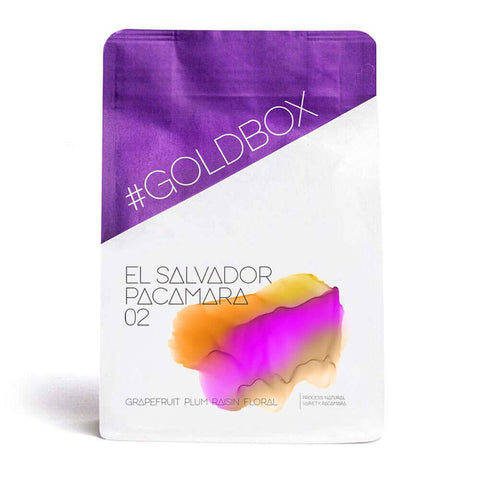 El Salvador Pacamara 02 coffee packaging featuring vibrant colors and flavor notes of grapefruit, plum, and raisin.