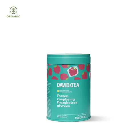 DAVIDsTEA Frozen Raspberry Tea – Sweet raspberry herbal tea with creamy yogurt notes, ideal for iced drinks and summer slushies.