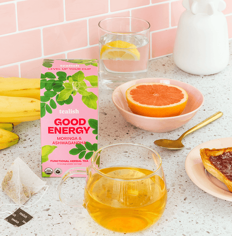 Organic Good Energy herbal tea with moringa, ashwagandha, apple, and elderflower—caffeine-free, energizing, and packed with adaptogens for sustained vitality and well-being.