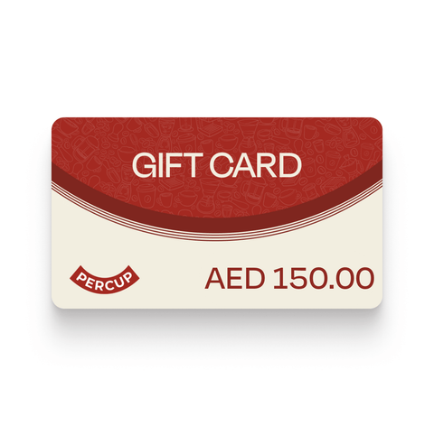 Gift Card featuring AED 150.00 from Percup for premium beverage purchases.