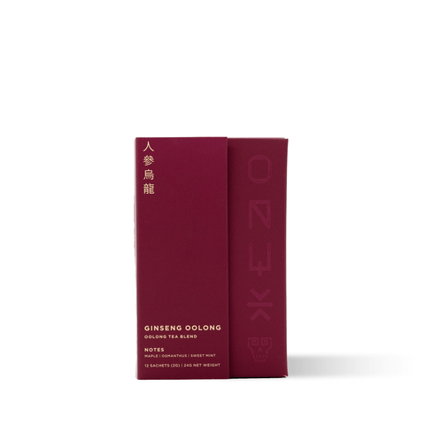 Oolong tea from Fujian, China, hand-rolled and infused with ginseng powder, offering a rich, lingering sweetness in the cup.