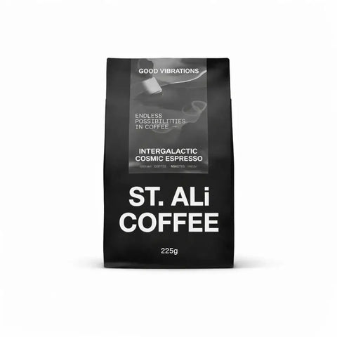 Good Vibrations Espresso Blend coffee bag featuring vibrant design and bold branding by St. Ali, 225g.