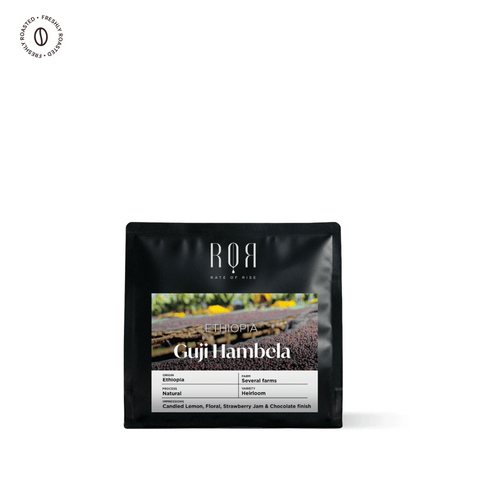 Guji Hambela coffee bag featuring Ethiopian coffee from Guji farms with natural candied lemon, floral, and chocolate notes.