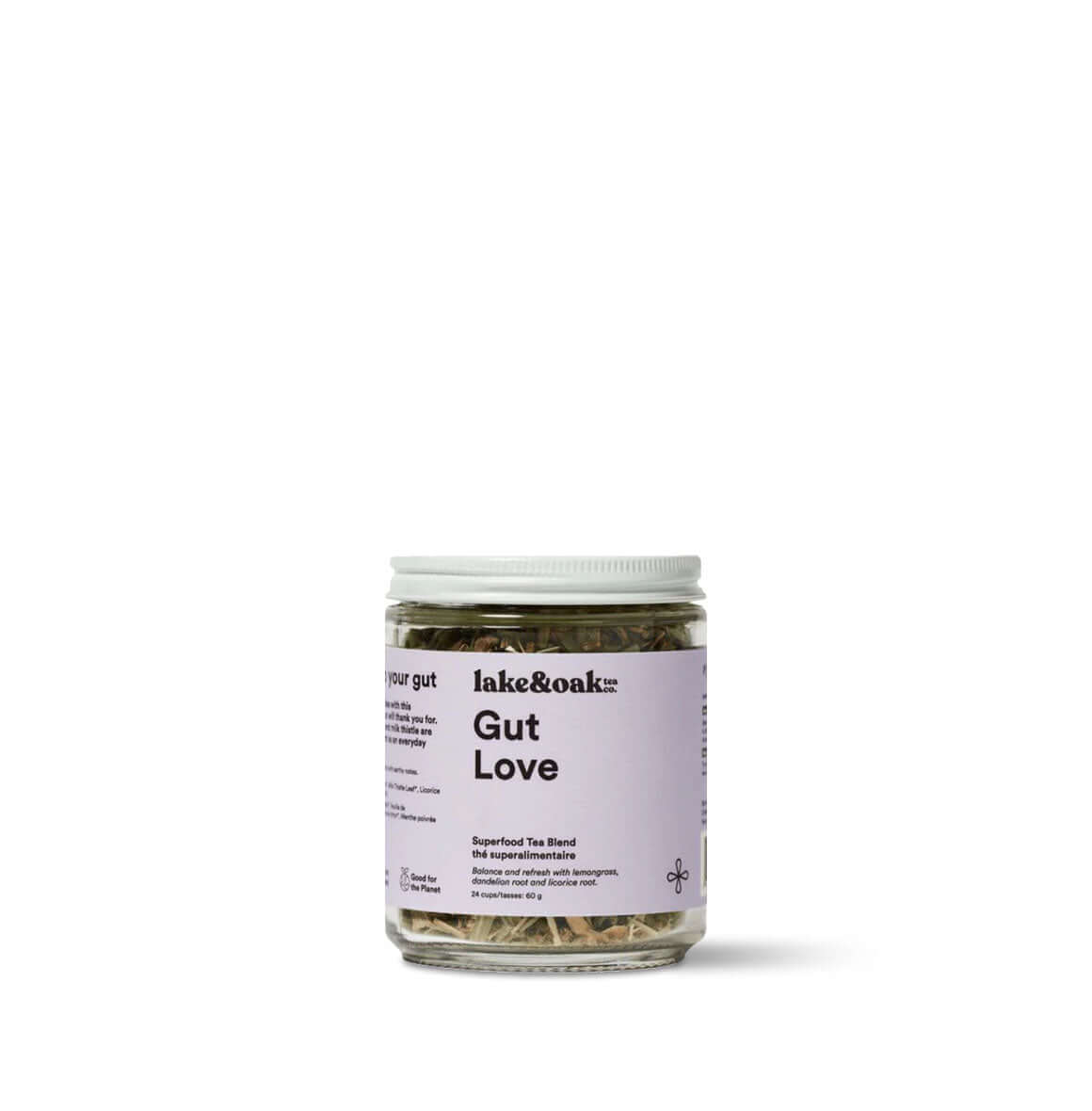 Gut Love Superfood Tea in a glass jar, a blend for detoxifying and relieving bloating.