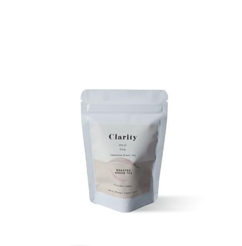 Hojicha Powder Omi in a clear package, roasted Japanese green tea for lattes, from a family tea maker.