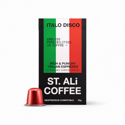 Italo Disco Italian Espresso Capsules packaging featuring vibrant Italian colors and Nespresso compatible branding.