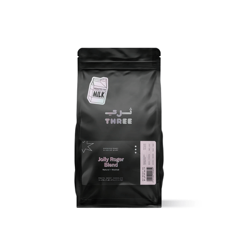 Jolly Roger Blend by THREE Coffee is a seasonal espresso with Ethiopian and Brazilian beans. Berry sweetness, milk chocolate richness & silky finish in every balanced, syrupy cup.