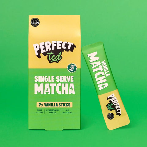 PerfectTed Vanilla Matcha Sticks sachets shown with the box