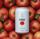 Ringo Sparkling Water can surrounded by fresh Fuji apples from Aomori, Japan, showcasing natural and crisp refreshment.