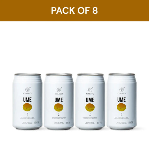 Pack of 8 Kimino Ume Sparkling Water cans, featuring hand-picked Japanese plums and mountain spring water, sugar and additive-free.