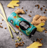 Lemongrass & Ginger Sparkling Coffee - Vietnam can surrounded by fresh lemongrass, ginger, and coffee beans on a textured surface.