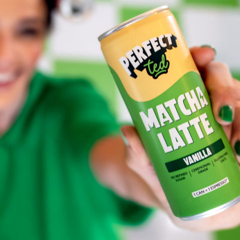 Close-up of a PerfectTed oat milk matcha latte can