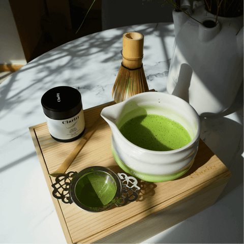 Matcha Starter Kit featuring matcha bowl, whisk, bamboo spoon, and high-quality ceremonial matcha for the perfect tea experience.