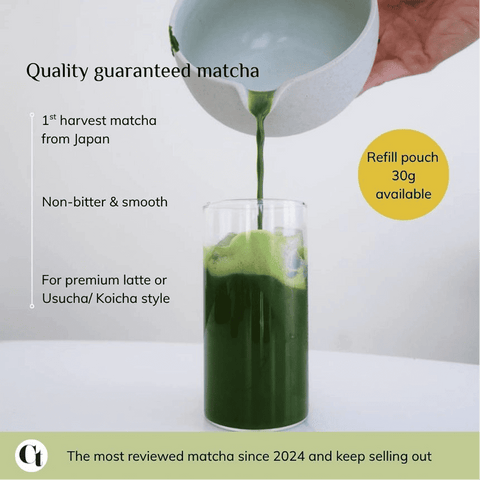 Matcha Starter Kit featuring 1st harvest matcha from Japan, non-bitter and smooth, perfect for lattes or Koicha.