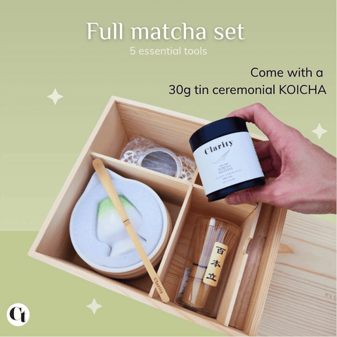 Matcha Starter Kit featuring 30g tin ceremonial koicha, bowl, spoon, whisk, stand, and sieve for tea enthusiasts.