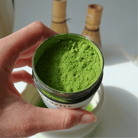 Matcha Starter Kit featuring ceremonial matcha powder in a jar ready for tea preparation.