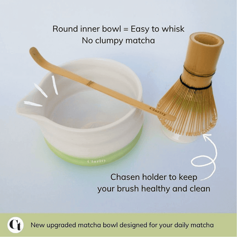 Matcha Starter Kit with round inner bowl, Chasen whisk, and holder for a smooth whisking experience.