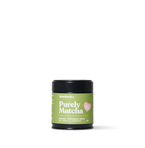 Purely Matcha organic ceremonial grade matcha from Kyushu Island, Japan in a green container.