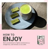 Spring Zen Matcha presented in a cup with sweets on a plate, showcasing how to enjoy it unsweetened or lightly sweetened.