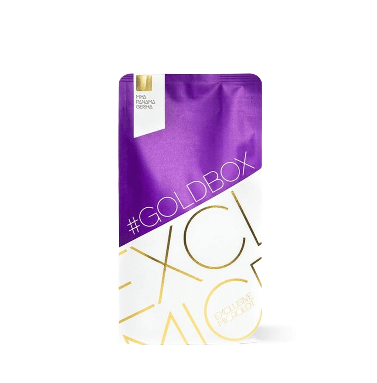 Packaging of Mia Panama Geisha Specialty Coffee with elegant gold and purple design highlighting exclusivity.
