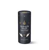 Midnight Magic ceremonial cacao brew packaging with Lion’s Mane Mushroom, featuring a celestial black design with gold accents.
