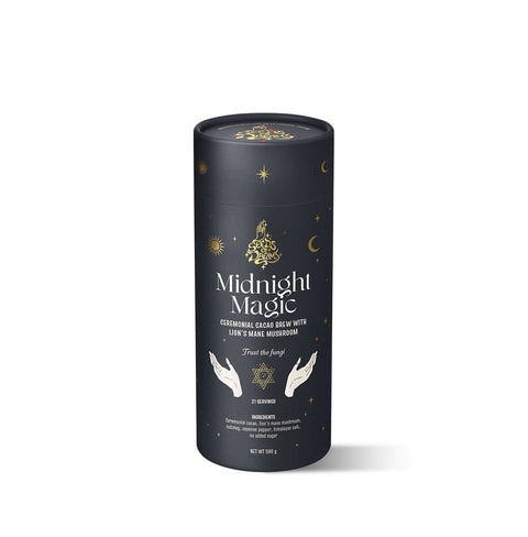 Midnight Magic ceremonial cacao brew packaging with Lion’s Mane Mushroom, featuring a celestial black design with gold accents.