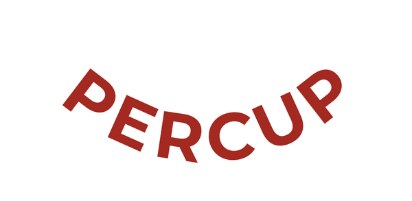 PERCUP curved logo in red text on a white arched banner