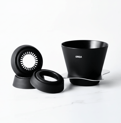 OREA Coffee Brewer V4 (4 in1) versatile system with ribbed interior, ideal for home or travel use, shown with different components.