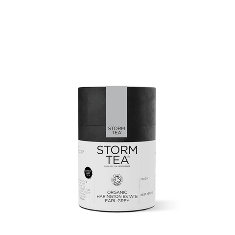Organic Earl Grey Harington Estate Tea in sleek black and white packaging