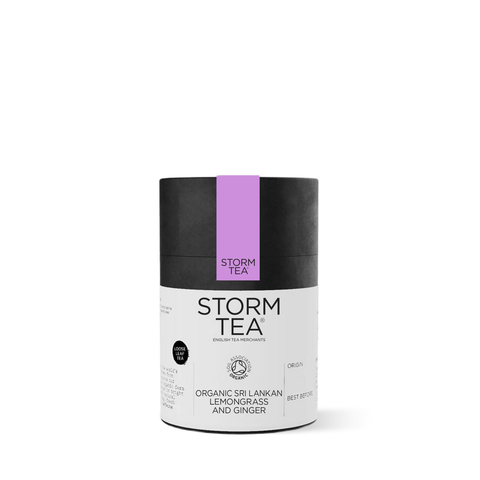 Organic Sri Lankan Lemongrass and Ginger tea canister from Storm Tea, showcasing vibrant flavors of certified organic lemongrass and ginger.