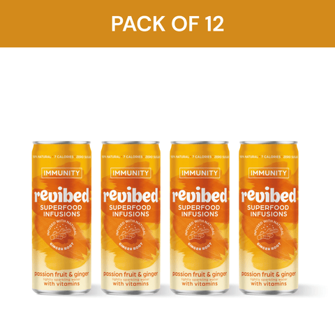 Pack of 12 Revibed Passion Fruit & Ginger Superfood Infusion cans, vibrant tropical flavor with immunity vitamins.