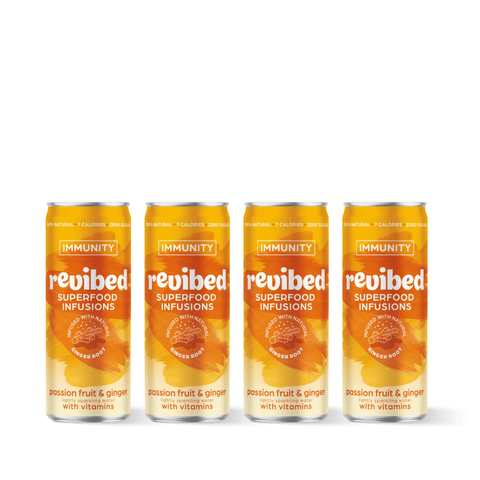 Passion Fruit & Ginger Superfood Infusion cans with vibrant tropical design for a refreshing energy boost.