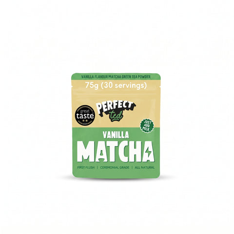 PerfectTed Vanilla Matcha Green Tea Powder 75g pouch with ceremonial grade matcha and vanilla flavour