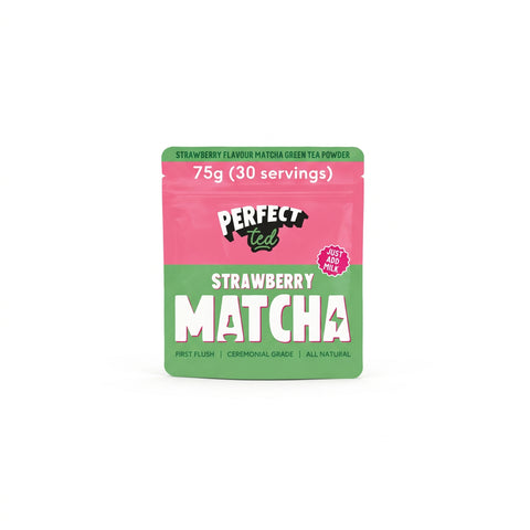 A pouch of PerfectTed Strawberry Matcha Powder with a whisk and a prepared matcha latte