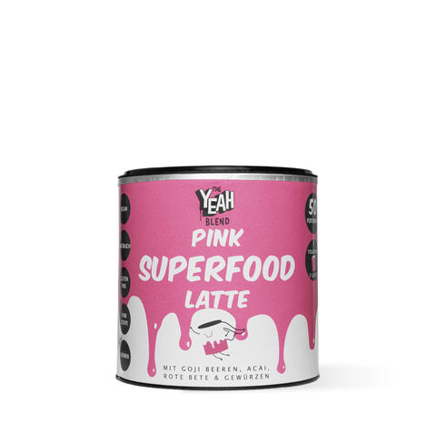Pink Superfood Latte with acai and goji berries—fruity, tart, nutrient-rich, and a vibrant immune-boosting drink to lift your mood throughout the day.