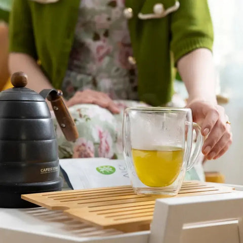 Premium Sencha Tea Bags brewed hot or cold, with rich umami from first flush Uji tea in Kyoto.
