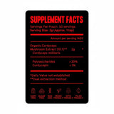Cordyceps Mushroom Powder supplement facts label showing organic Cordyceps extract, polysaccharides, and cordycepin