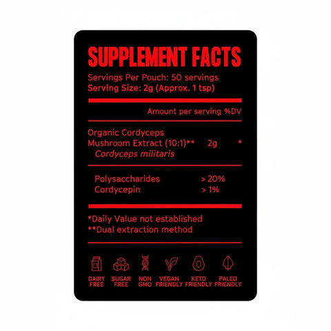 Cordyceps Mushroom Powder supplement facts label showing organic Cordyceps extract, polysaccharides, and cordycepin