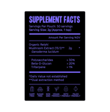 Reishi Mushroom Powder supplement facts label showing organic reishi extract, serving size, and key benefits