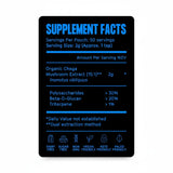 Chaga Mushroom Powder supplement facts label showing organic chaga mushroom extract and serving information