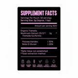 Tremella Mushroom Powder supplement facts label with organic tremella mushroom extract, beta-D-glucan, and vegan keto friendly icons